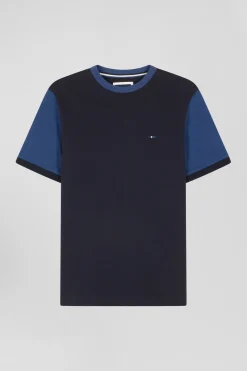 T-shirt manches courtes en coton marine à manches contrastées coupe Regular