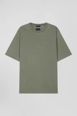 T-shirt manches courtes unisexe en coton surteint uni kaki coupe Oversized