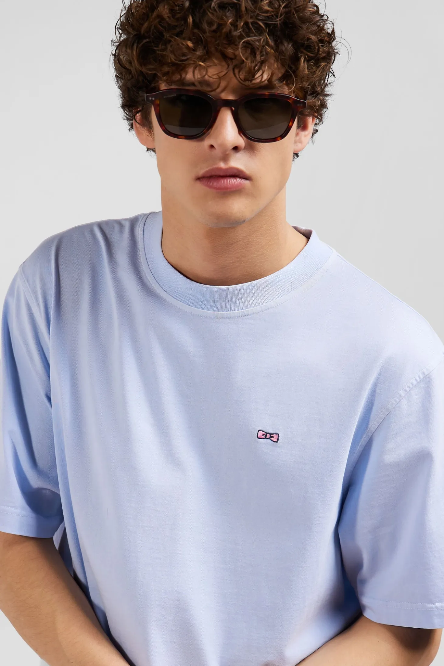 T-shirt manches courtes unisexe en coton surteint uni ciel coupe Oversized