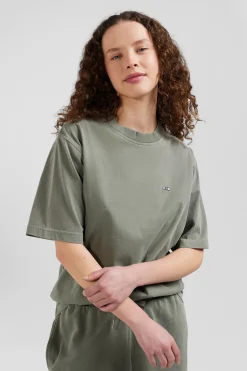 T-shirt manches courtes unisexe en coton surteint uni kaki coupe Oversized