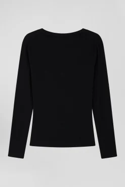 T-shirt manches longues à col V en coton noir coupe Slim