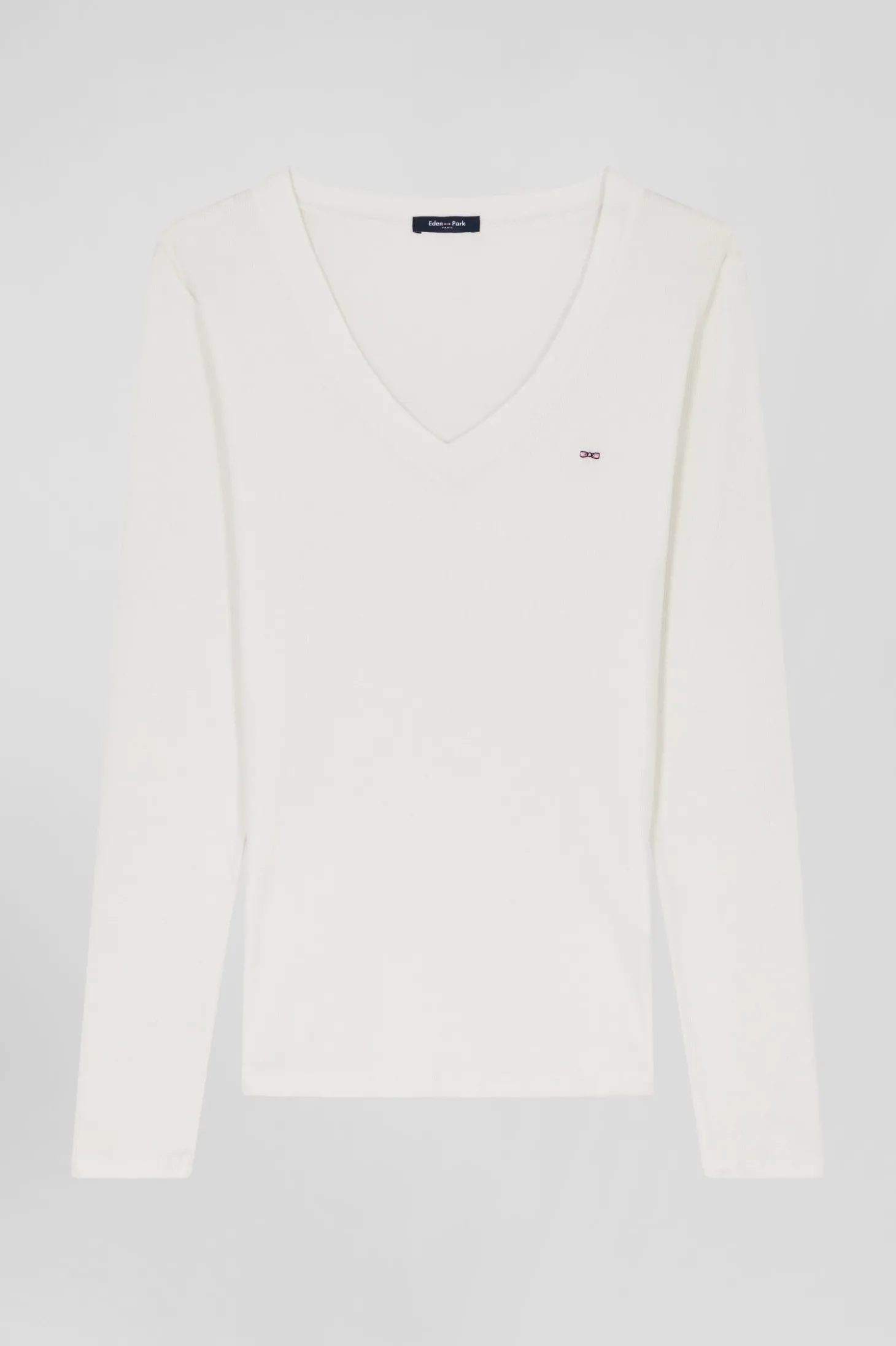 T-shirt manches longues à col V en coton écru coupe Slim