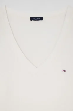T-shirt manches longues à col V en coton écru coupe Slim