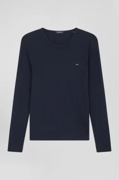 T-shirt manches longues col rond en coton bleu marine coupe Slim