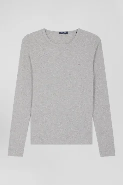 T-shirt manches longues col rond en coton gris coupe Slim