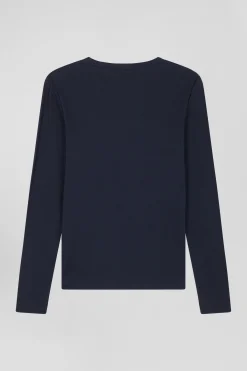 T-shirt manches longues col rond en coton bleu marine coupe Slim