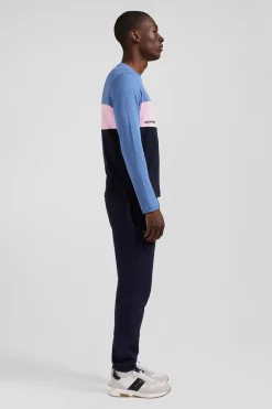 T-shirt manches longues colorblock en coton bleu coupe Regular