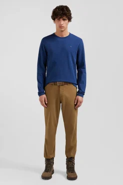 T-shirt manches longues en coton uni bleu coupe Slim