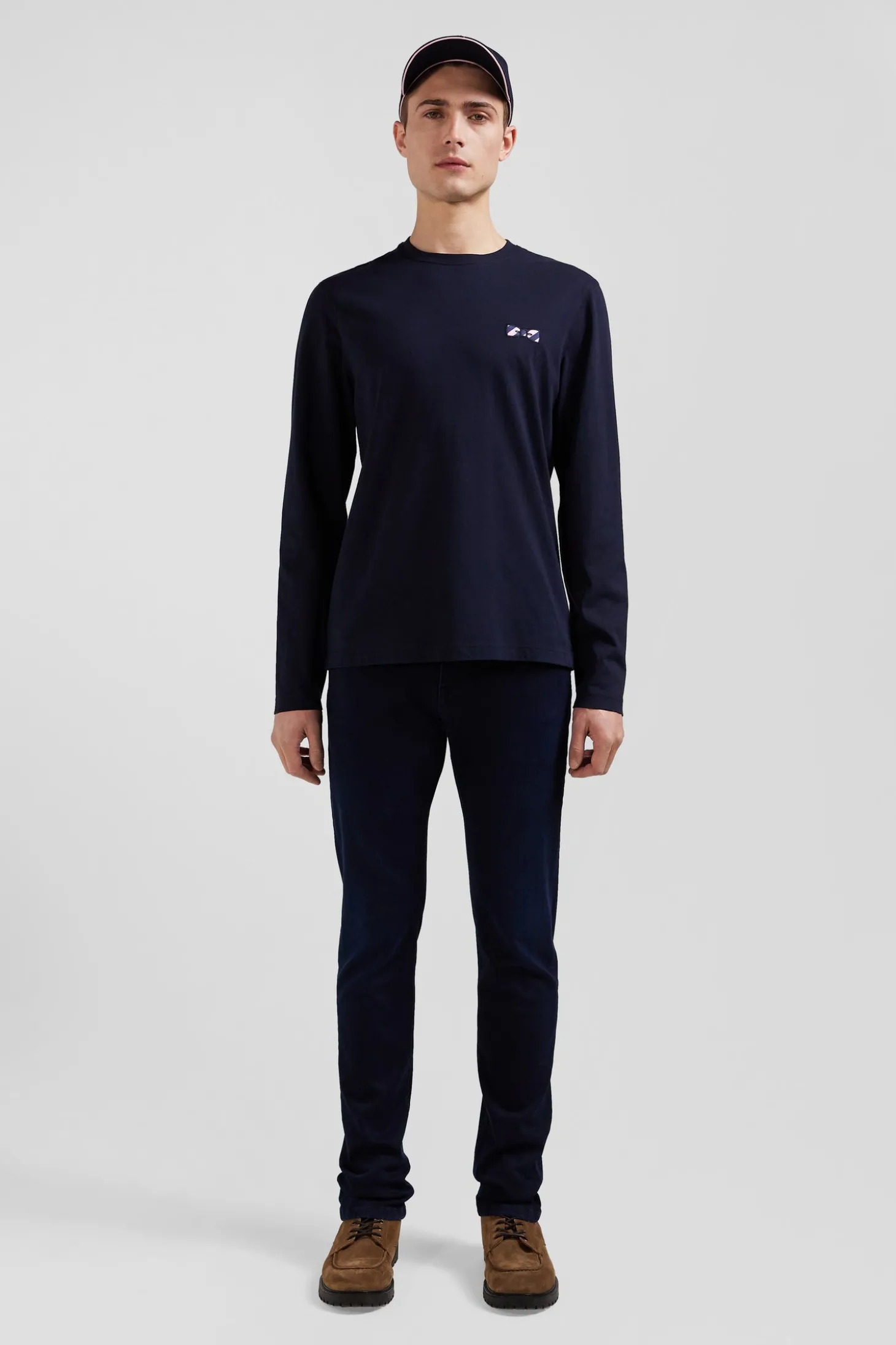 T-shirt manches longues en coton bleu marine brodé coupe Regular