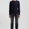 T-shirt manches longues en coton uni bleu marine coupe Slim