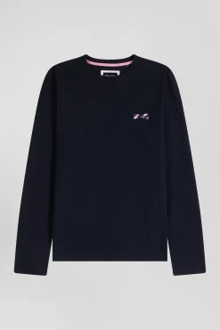 T-shirt manches longues en coton bleu marine brodé coupe Regular