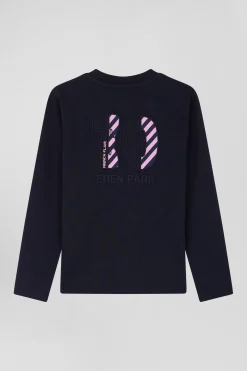 T-shirt manches longues en coton bleu marine broderie 10 coupe Regular