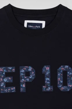 T-shirt manches longues en coton bleu marine patch imprimé coupe Regular