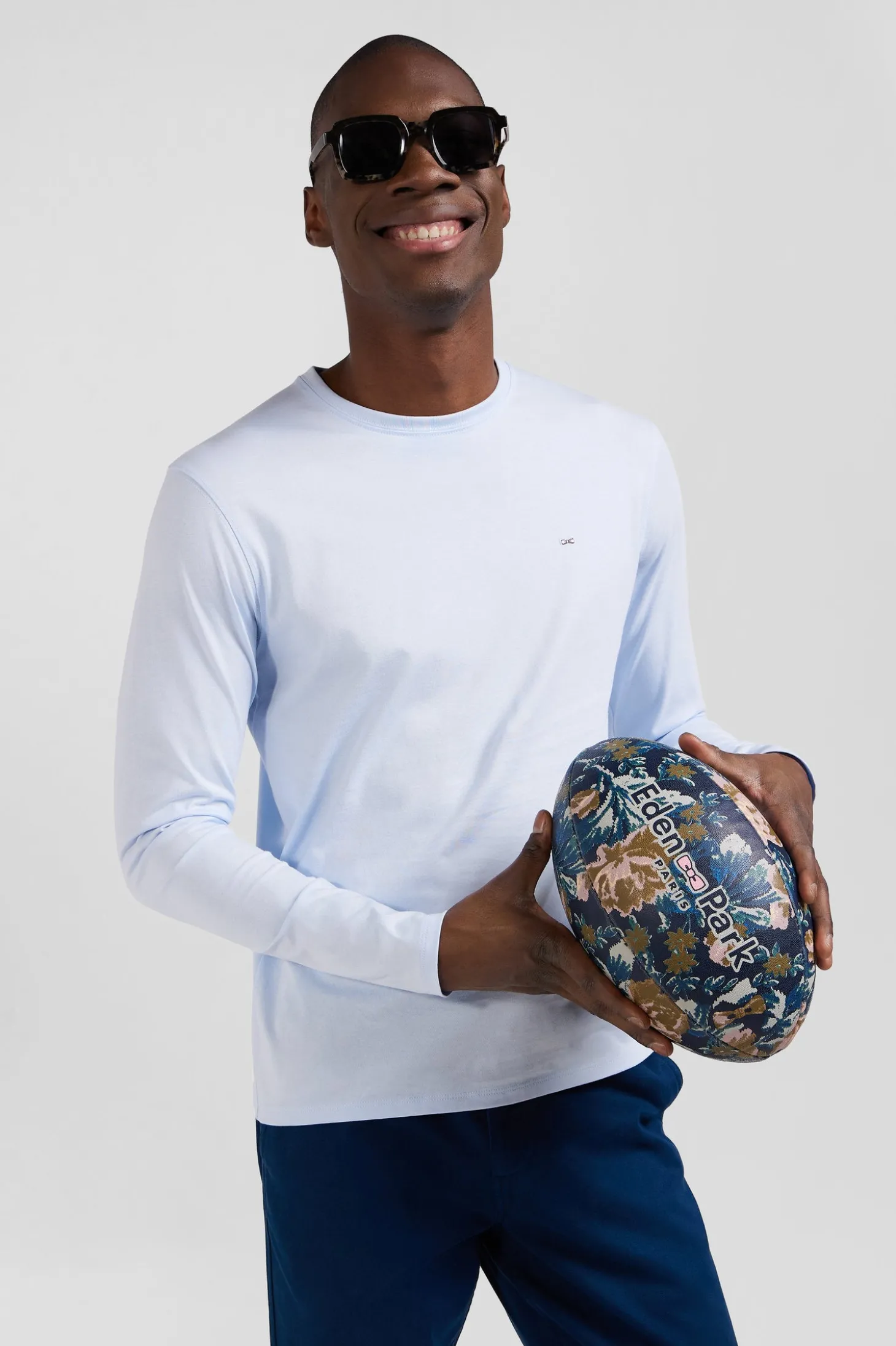 T-shirt manches longues uni en coton ciel coupe Regular