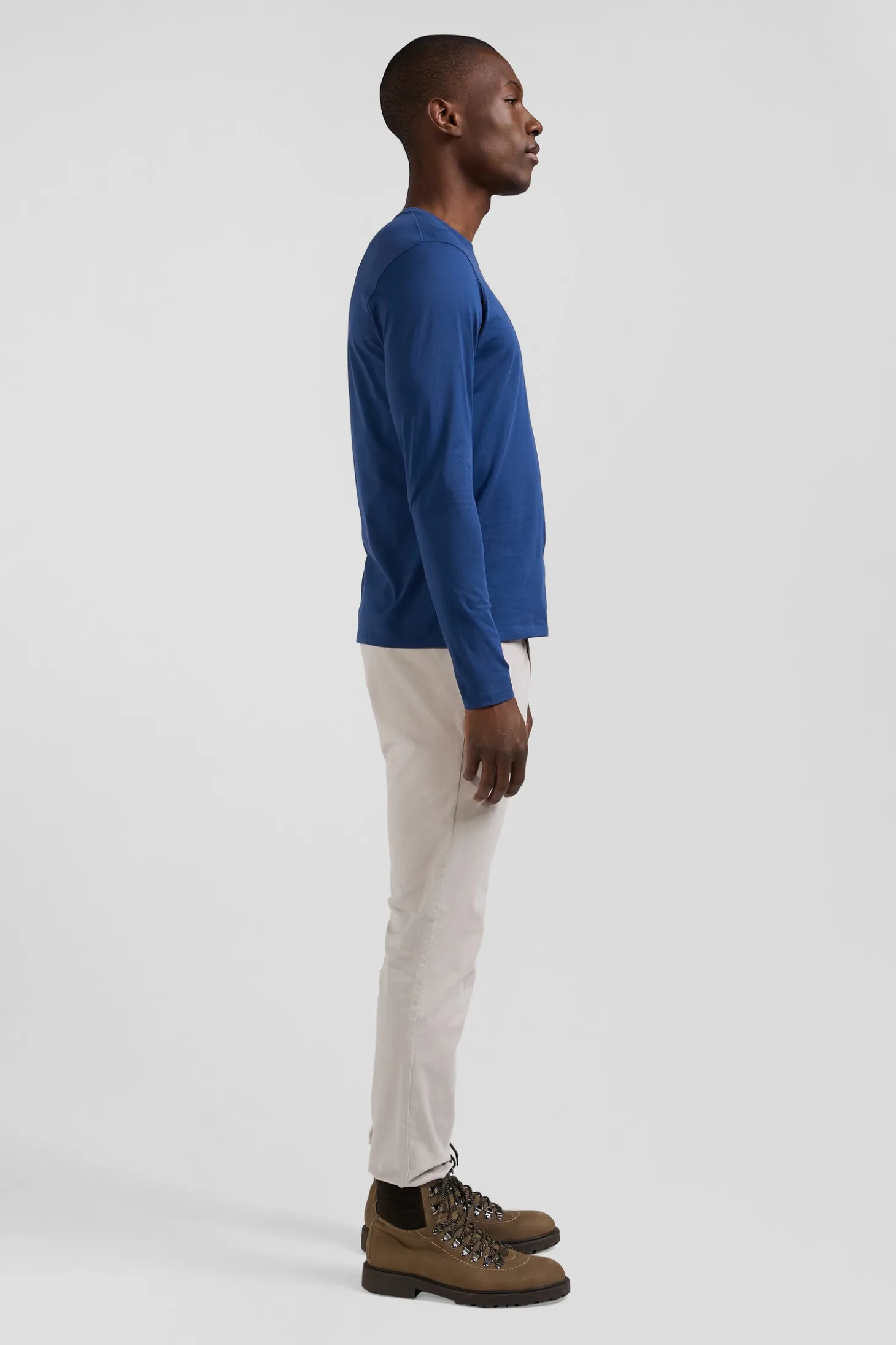 T-shirt manches longues uni en coton bleu coupe Regular